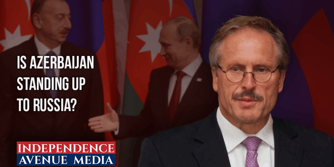 Photo collage featuring former U.S. Ambassador to Azerbaijan Robert Cekuta with Presidents Putin and Aliyev in the background.