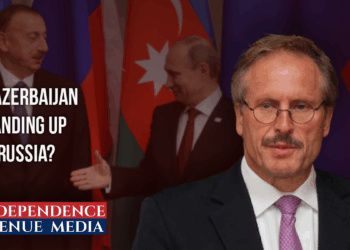 Photo collage featuring former U.S. Ambassador to Azerbaijan Robert Cekuta with Presidents Putin and Aliyev in the background.