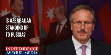 Photo collage featuring former U.S. Ambassador to Azerbaijan Robert Cekuta with Presidents Putin and Aliyev in the background.