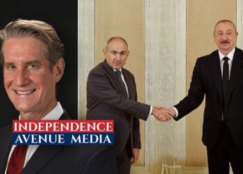 Photo collage featuring former U.S. Ambassador to Azerbaijan Matthew Bryza and Armenian Prime Minister Nikol Pashinyan and Azerbaijani President Ilham Aliyev shaking hands during bilateral meeting in Abu Dhabi, UAE.