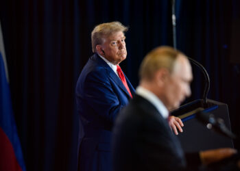 President Donald Trump and Russian president Vladimir Putin participate in a joint press conference after their meeting at the Arctic Warrior Event Center at Joint Base Elmendorf Richardson in Anchorage, Alaska, Friday, August 15, 2025. (Official White House Photo by Daniel Torok)