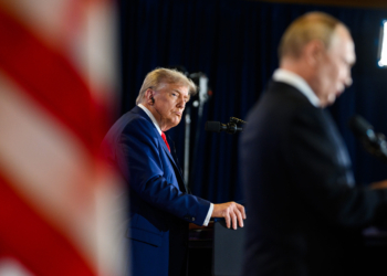 President Donald Trump and Russian president Vladimir Putin participate in a joint press conference after their meeting at the Arctic Warrior Event Center at Joint Base Elmendorf Richardson in Anchorage, Alaska, Friday, August 15, 2025. (Official White House Photo by Daniel Torok)