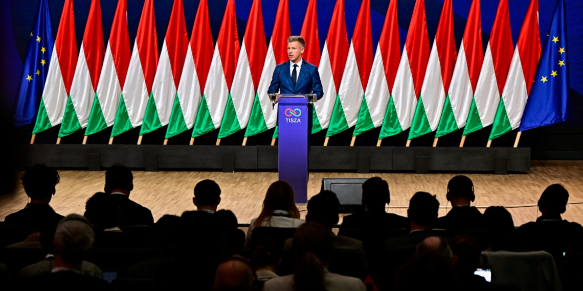 Peter Magyar, leader of the opposition Tisza Party, speaks during a press conference a day after the parliamentary election, in which Hungarian Prime Minister Viktor Orban conceded defeat, Budapest, Hungary, April 13, 2026. REUTERS/Marton Monus