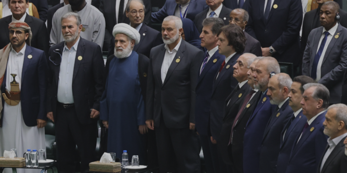 Iranian President Masoud Pezeshkian (second from left) attends his inauguration ceremony in Tehran in July 2024 alongside invited foreign guests. A photo published by the Georgian government shows Georgian Prime Minister Irakli Kobakhidze, Armenian Prime Minister Nikol Pashinyan and then-Hamas leader Ismail Haniyeh among those attending. Photo: gov.ge via RFE/RL.