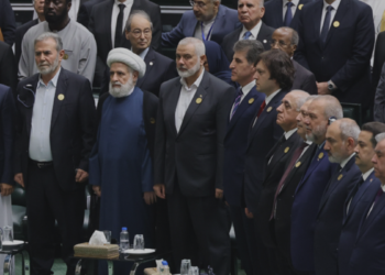 Iranian President Masoud Pezeshkian (second from left) attends his inauguration ceremony in Tehran in July 2024 alongside invited foreign guests. A photo published by the Georgian government shows Georgian Prime Minister Irakli Kobakhidze, Armenian Prime Minister Nikol Pashinyan and then-Hamas leader Ismail Haniyeh among those attending. Photo: gov.ge via RFE/RL.