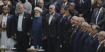 Iranian President Masoud Pezeshkian (second from left) attends his inauguration ceremony in Tehran in July 2024 alongside invited foreign guests. A photo published by the Georgian government shows Georgian Prime Minister Irakli Kobakhidze, Armenian Prime Minister Nikol Pashinyan and then-Hamas leader Ismail Haniyeh among those attending. Photo: gov.ge via RFE/RL.