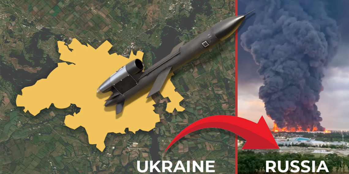 IAM graphic incorporating a Google Maps image, a Fire Point rocket photo, and an image of a strike in Russian territory shared by Ukrainian President Volodymyr Zelenskyy on X.