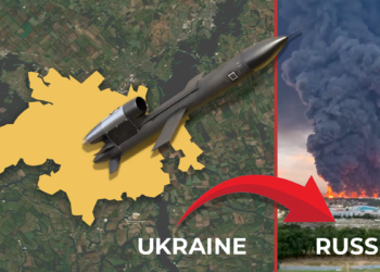 IAM graphic incorporating a Google Maps image, a Fire Point rocket photo, and an image of a strike in Russian territory shared by Ukrainian President Volodymyr Zelenskyy on X.
