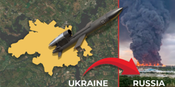 IAM graphic incorporating a Google Maps image, a Fire Point rocket photo, and an image of a strike in Russian territory shared by Ukrainian President Volodymyr Zelenskyy on X.